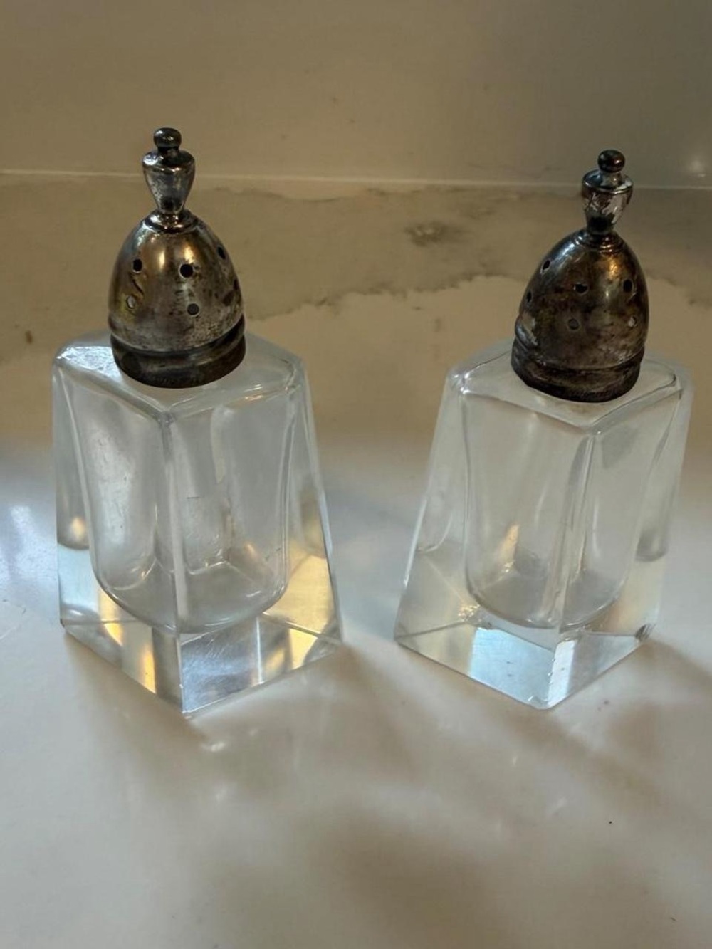 Vintage silver and glass salt and pepper shakers